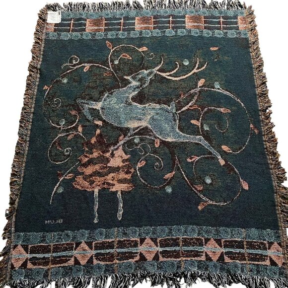 Cheri Blum Leaping Deer Tapestry Throw Blanket Afghan 58x48 Cotton Reversible - Picture 2 of 7